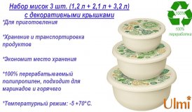 Набор мисок 3 шт. с декоративными крышками (1,2 л + 2,1 л + 3,2 л) ULMI plastic